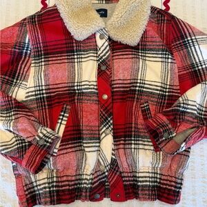 Splendid Red and Cream Plaid womens jacket Sherpa collar Small